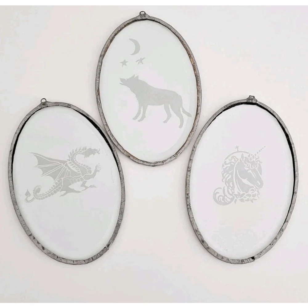 Vintage 3 Oval Etched Glass Unicorn Wolf Dragon Wall Hangings In Metal Frames